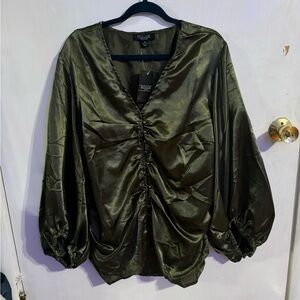 Silk Hunter Green Gathered Button Front Blouse Plus Sized BRAND NEW 2X